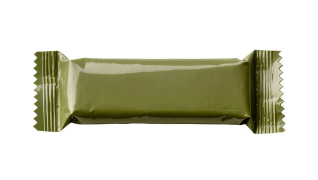 Olive green foil wrapped candy bar with crimped ends, isolated on transparent background