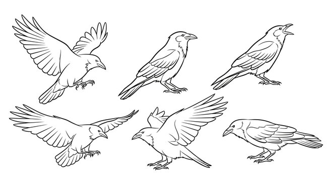 Crow illustration set, hand-drawn black and white bird collection