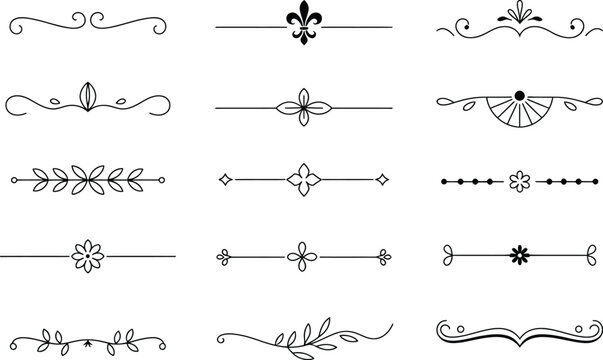 Decorative, page dividers vector set of classic and vintage ornamental separators in stylish line art ideal for books, editorial layouts, invitations, and elegant print design projects.