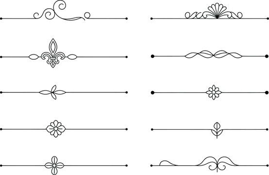 Decorative, vintage page divider collection featuring classic ornamental separators in refined line art style perfect for book design, publishing, stationery, and sophisticated branding materials.
