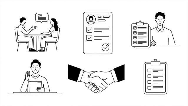 Modern Human Resources Recruitment Process Line Art Illustration Set Interview, Candidate Selection, and Hiring Workflow