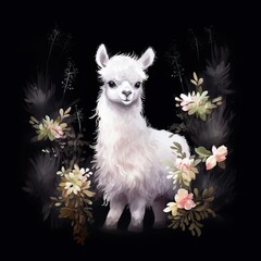 Fototapeta premium Whimsical Snowy Alpaca Standing Amid Delicate Floral Arrangements in a Nighttime Scene
