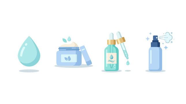 Hydrating Skincare Product Icon Set with Water Drop Face Cream Serum and Mist Spray Vector Illustration