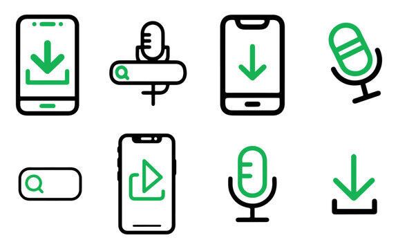 Mobile app icon set line vector isolated minimal outline green accent multimedia symbols