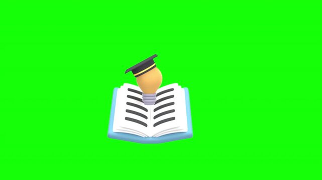 3d animation lightbulb with a graduation cap emerging from an open book, symbolizing the fusion of knowledge, education, and creative ideas with alpha channel