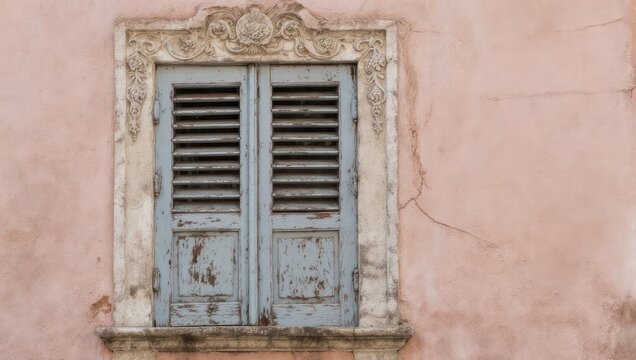 Weathered blue shutters on a pink stucco wall with decorative frame