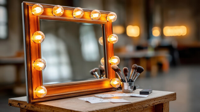 Theater dressing room mirror with illuminated bulbs and makeup brushes on wooden table for backstage vanity background and poster design