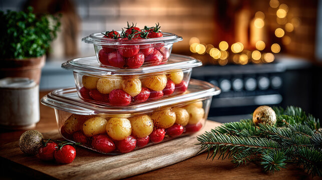 Festive holiday takeaway containers with red and green decorations for christmas gatherings