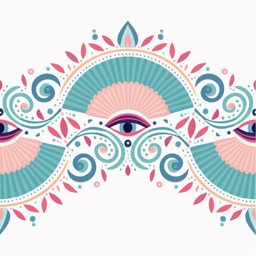 Bohemian Eye Pattern with Swirls and Leaves