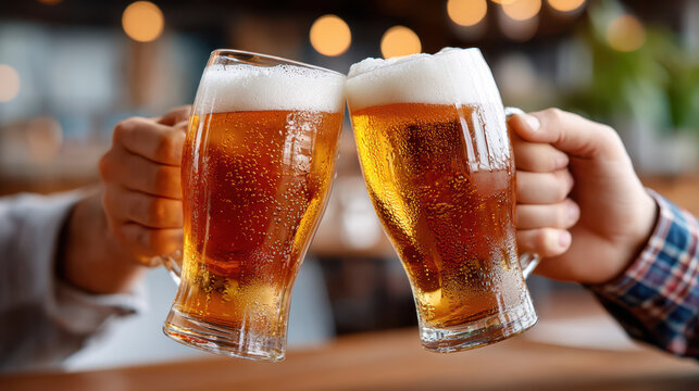 Two pints of beer clinking glasses for celebration background and bar banner with golden amber lager foam and friends toasting