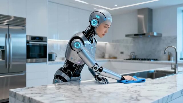 Robot Cleans Surface. Humanoid Robot Disinfects Marble Counter. Robotic Figure Gently Cleans Marble Kitchen Surface. Humanlike Robot Carefully Wipes Marble Countertop In Modern Kitchen Setting.