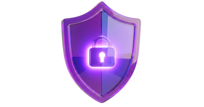 Glowing purple shield with padlock symbolizes digital security and protection against cyber threats