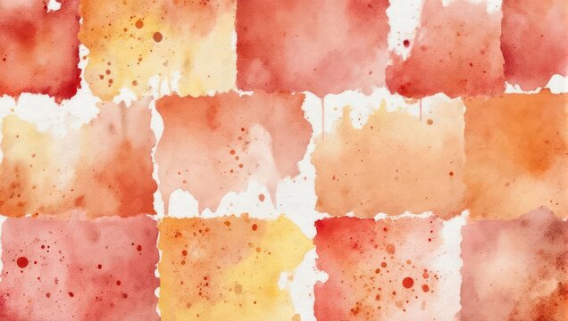 Watercolor patchwork of square tiles in warm red, orange, and yellow tones, some with drips and speckles
