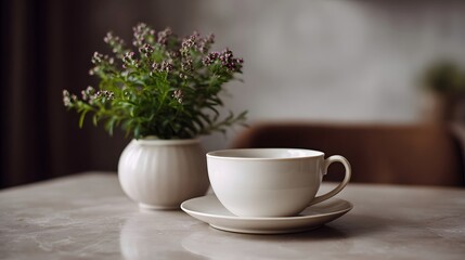 Fototapeta premium A tranquil still life arrangement featuring a clean white teacup and saucer placed next to lush flowering greenery on a stone surface