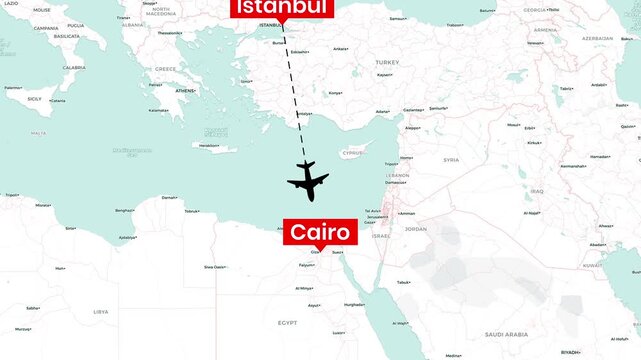Airplane flight route motion animation connecting Istanbul and Cairo on a map