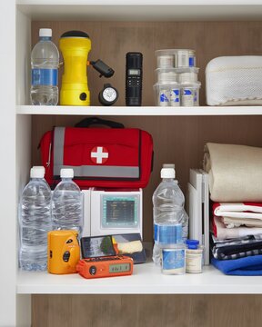 Home emergency preparedness kit organized on shelf