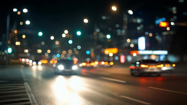 Motion blurred traffic lights on wet city streets, glowing red and green streaks, night atmosphere