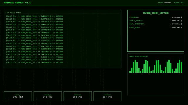 Futuristic Network Sentry Cybersecurity HUD with Green Digital System Check Routine and Live Data Process Buffer Monitoring Screen.