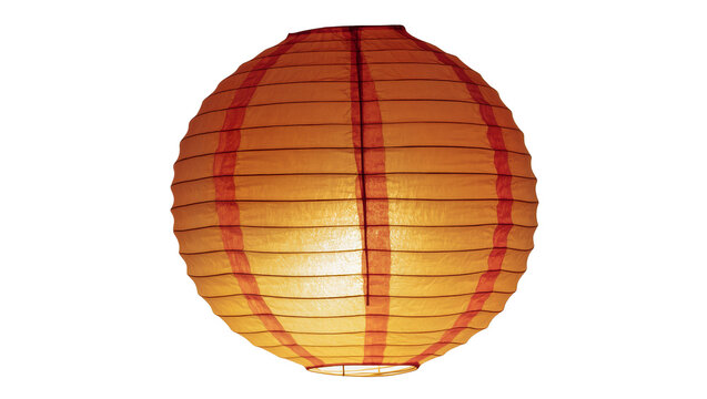 Round orange paper lantern with red stripes illuminated from within, isolated on transparent background