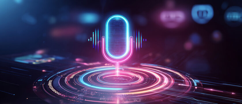 Neon microphone glowing with sound waves, digital art of voice technology