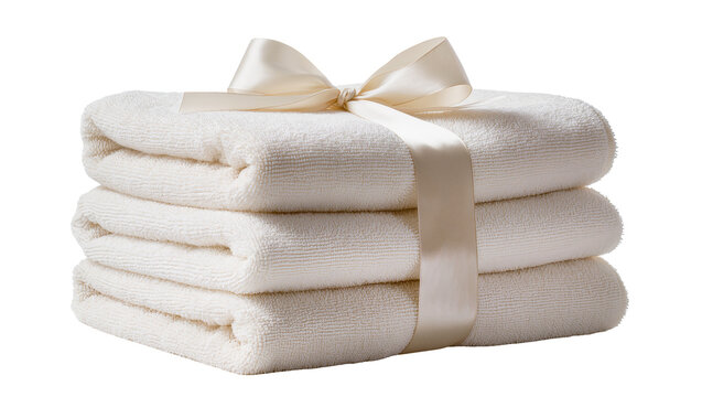 Stack of three soft white bath towels tied with a cream satin ribbon, isolated on transparent background