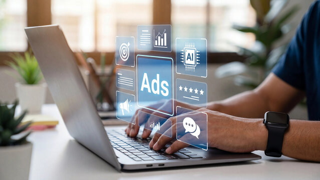 Digital Advertising Manager Using AI-Powered Marketing Tools on Laptop to Optimize Online Ad Campaigns and Boost ROI