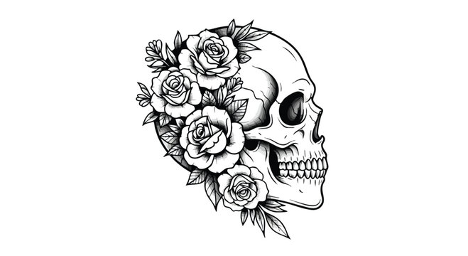 Feminine gothic skull with flowers side vector tattoo design, elegant black and white illustration