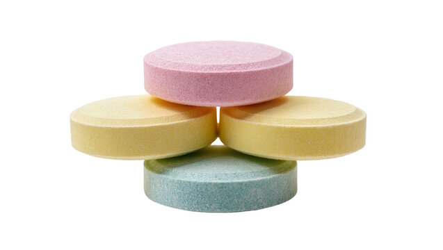 Stack of pastel colored antacid tablets, isolated on transparent background