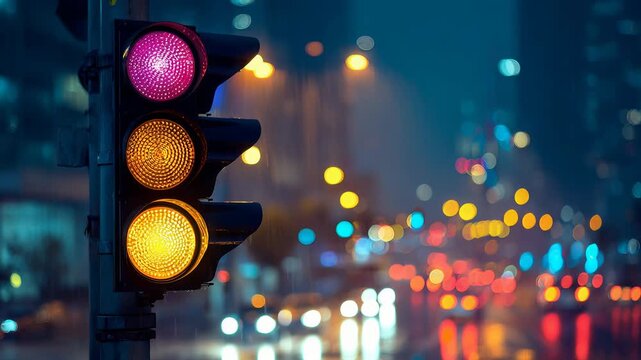 Motion blurred traffic lights on wet city streets, glowing red and green streaks, night atmosphere