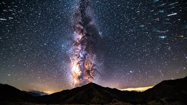 Milky Way Galaxy Over Mountain Ridge, Star Trails And Meteor Streaks Across Clear Night Sky, Silhouetted Peaks With Warm Horizon Glow, Long Exposure Astrophotography Capturing Vivid Nebula Colors.