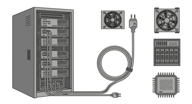 Server hardware components and cable.