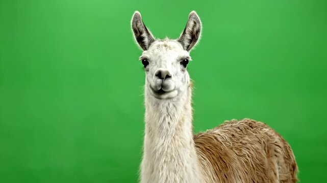 Curious Lama Against Vibrant Green Background with Soft Textures and Gentle Expression in a Closeup Portrait