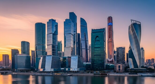 Modern skyscrapers skyline at sunset over water