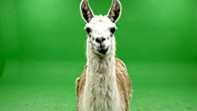 Curious Llama Standing Confidently in Front of a Solid Green Background with Bright Expression