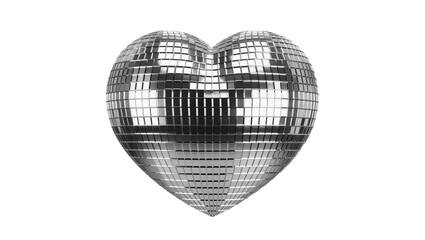 Heart-shaped disco ball with mirrored facets, isolated on transparent background