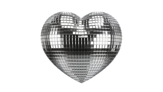 Heart-shaped disco ball with mirrored facets, isolated on transparent background