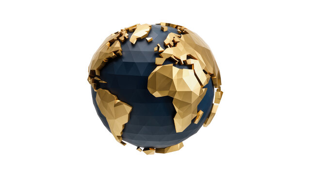Geometric low poly globe with golden continents, isolated on transparent background