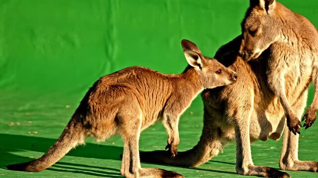 Kangaroo Family Interacting on a Vibrant Green Background with a Baby Kangaroo Playfully Exploring Its Surroundings