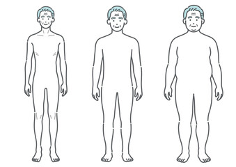 シニア男性の体型比較イラスト（痩せ型・標準・肥満の3種セット・正面） © トワトワ