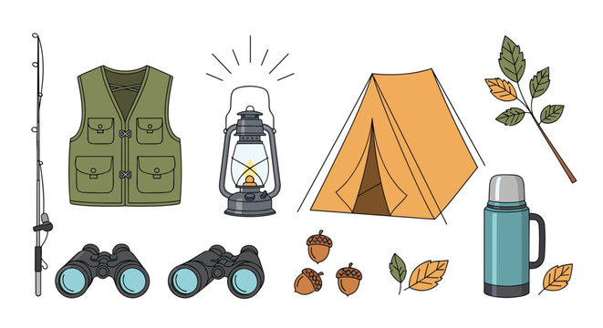 Detailed collection of essential outdoor camping equipment including a tent lantern binoculars fishing rod and tactical gear.