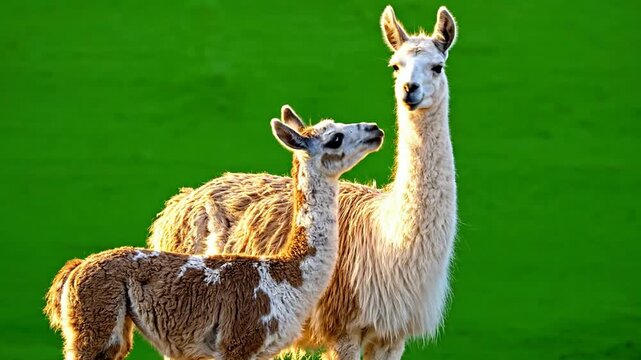 Majestic Llamas Grazing Together in a Vibrant Green Pasture Under Bright Natural Light