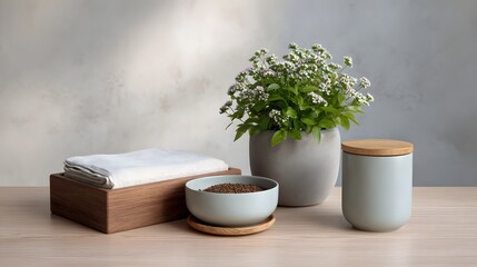 Fototapeta premium Minimalist spa display featuring fresh potted greenery natural bath salts and folded white towels on a wooden counter