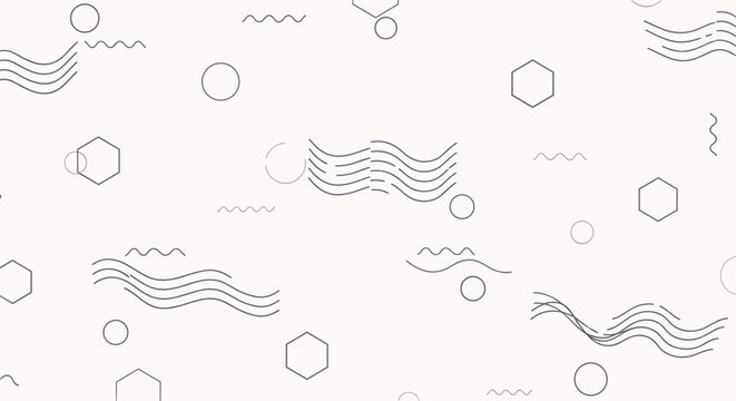 Minimalist background pattern with delicate black wavy lines, small circles, and hexagons on a white surface.