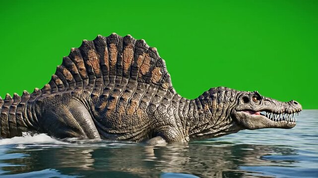 Realistic Spinosaurus Emerging from Water Against a Green Background in an Aquatic Setting