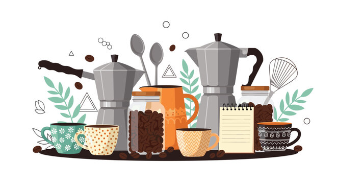 Still life illustration of coffee brewing items including moka pots, bean jars, cups, and a spiral notepad.