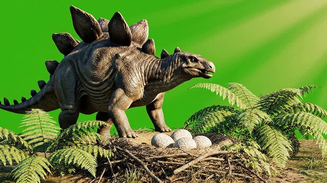 Stegosaurus Dinosaur Nesting and Protecting Eggs Amid Lush Green Ferns in a Prehistoric Landscape