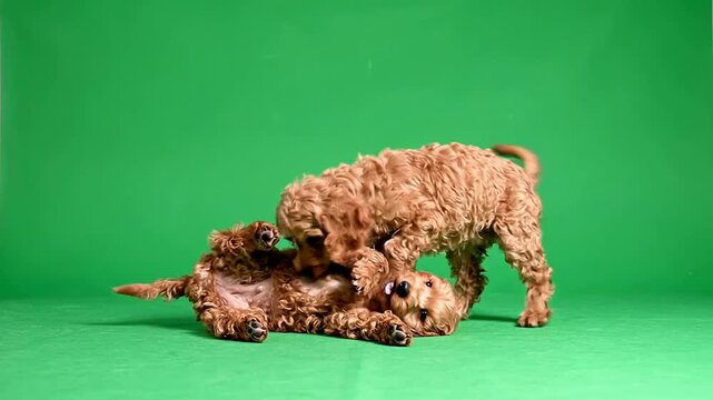 Two Playful Puppies Interacting On A Green Background Showcasing Affection And Cheerful Energy