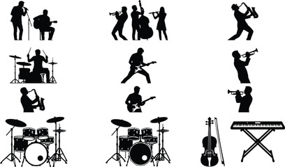 Music Band and Instrument Silhouettes Collection with Singers Guitarists Drummer Brass and Keyboard for Concert Design © Aminur