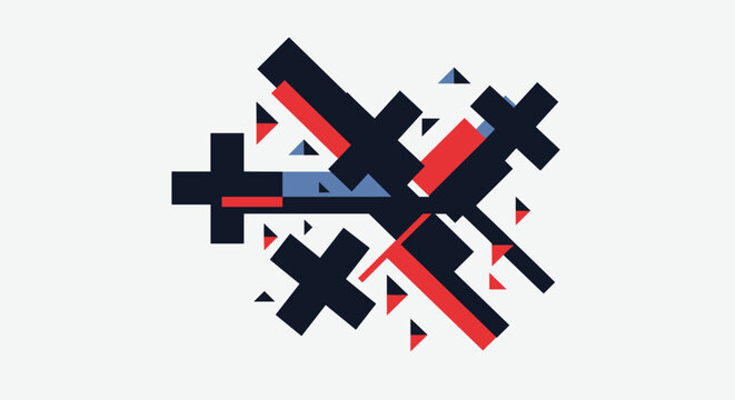 Abstract geometric composition of overlapping plus signs and triangles in navy blue, red, and light blue on a gray field.