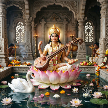 Goddess Saraswati Playing the Veena Inside an Ancient Hindu Temple
